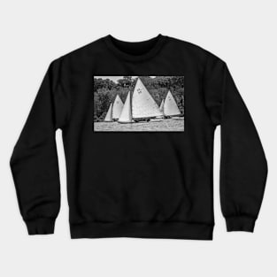 Two men racing a brown boat on Wroxham Broad, Norfolk Crewneck Sweatshirt